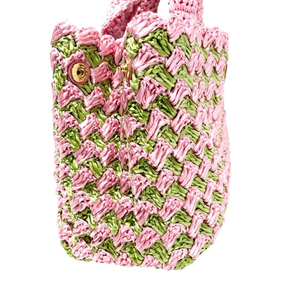 PRADA Vintage Logo Raffia Mini Tote Bag Pink Green Polyethylene [105145] - Picture 8 of 11